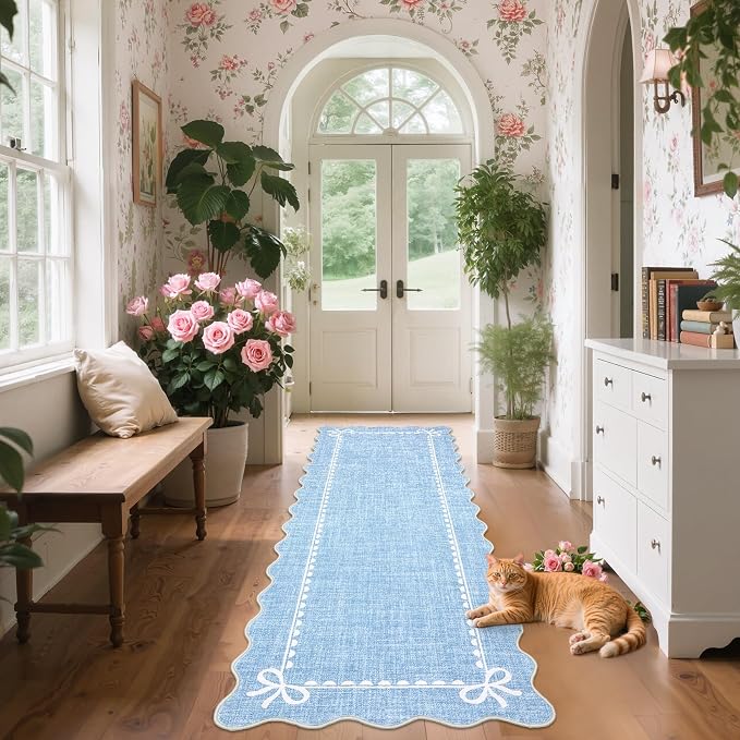 GarveeHome Scalloped Bow Rug for Living Room, Solid Blue Rug for Dorm, Washable - Image 2