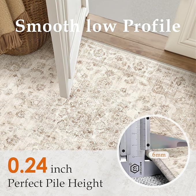 4x4 Washable Neutral Round Rug Beige Vintage Entryway Kitchen Cirlce Rug - Image 8