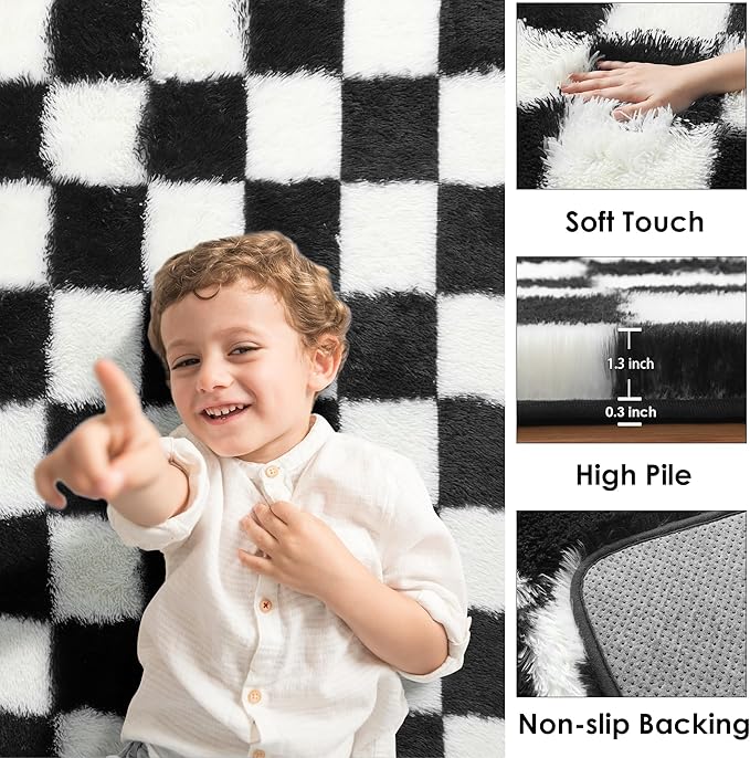 KICMOR Area Rugs for Bedroom Living Room, 4x6 Black and White Fluffy Soft - Image 2