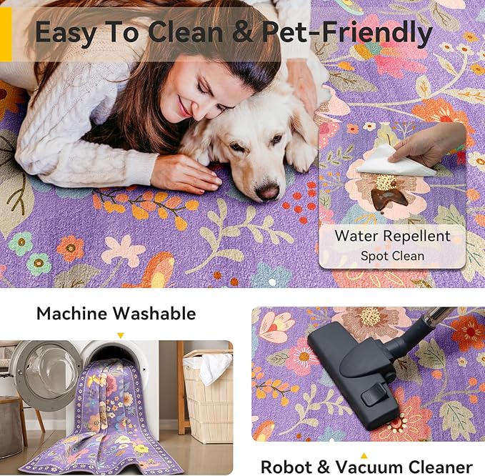 RELEANY Floral 8x10 Area Rugs Washable Print Boho Cute Carpet Non Slip Flower - Image 4