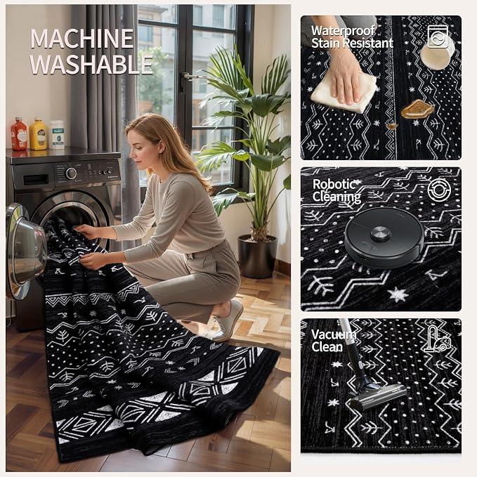 SERISSA 7x9 Area Rugs for Living Room, Washable Non-Slip Black and White Boho - Image 3