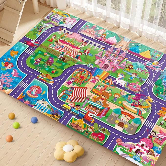 Oriate Kids Dream Mat Girls Toy Car Playmat, Princess Castle Girl Pink Kids - Image 5