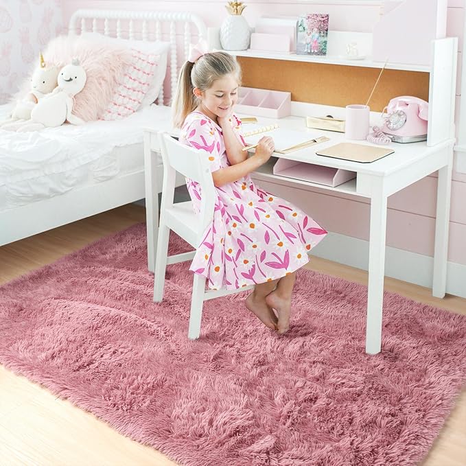Amdrebio Blush Pink Area Rugs for Girls Bedroom, Fuzzy Furry Fluffy Kawaii Rugs - Image 3