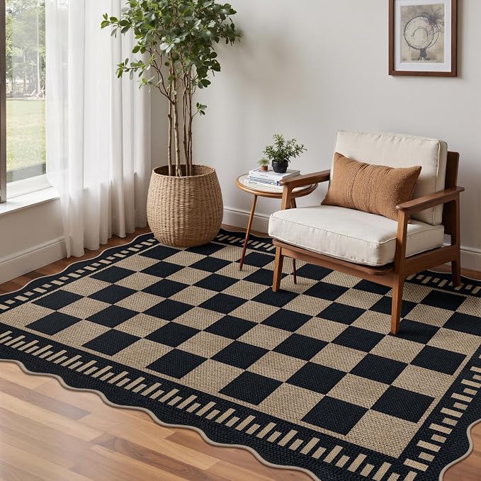 Checkered Easy Jute 4x6 Outdoor Patio Rug, Washable Indoor Outdoor Black - Image 7