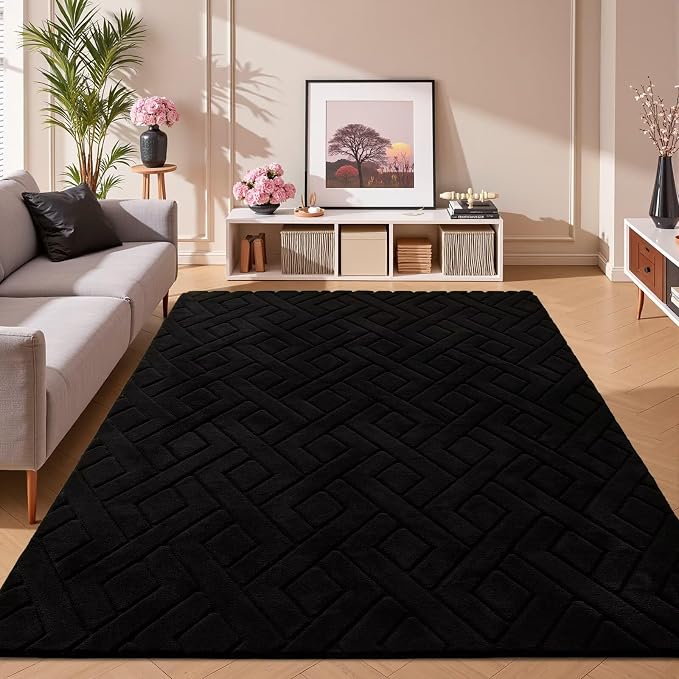 3x5 Black Washable Area Rug for Bedroom, Modern Geometric Shag Non-Slip Living - Image 2