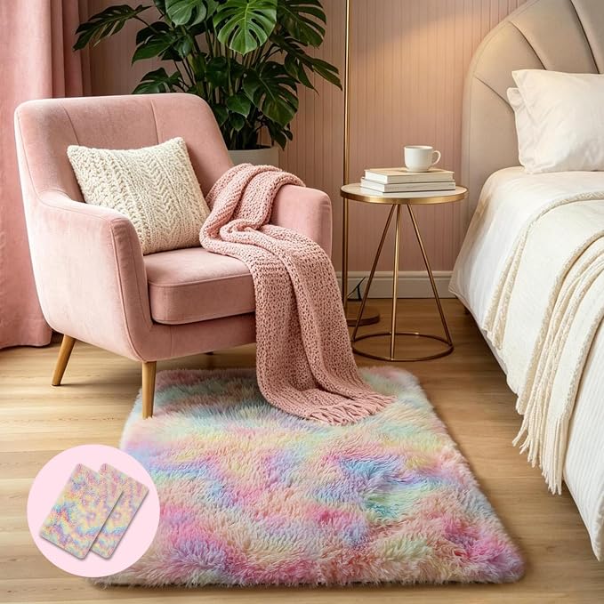 Fluffy Fuzzy Unicorn Rugs for Girls Bedroom, 2x3 Washable Non Slip Shag Shaggy by KICHOWUA