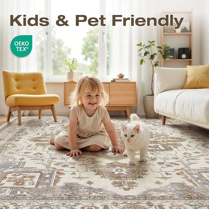 9x12 Washable Area Rugs for Living Room, Large Rug Non Slip Backing Vintage - Image 3