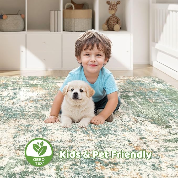 6x8 Area Rug Living Room: Washable Large Abstract Soft Green Rug Stain - Image 7