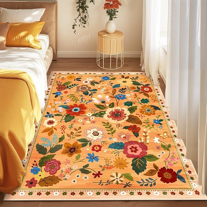 RELEANY Floral 4x6 Area Rugs Washable Print Boho Cute Carpet Non Slip Flower by RELEANY