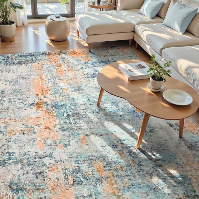 Ompaa Living Room Rug 8x10 Blue Area Rugs Machine Washable Abstract Boho Large - Image 3