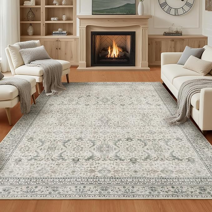 Washable Area Rugs 6x9 Floral Beige, Large Indoor Rug - Image 8