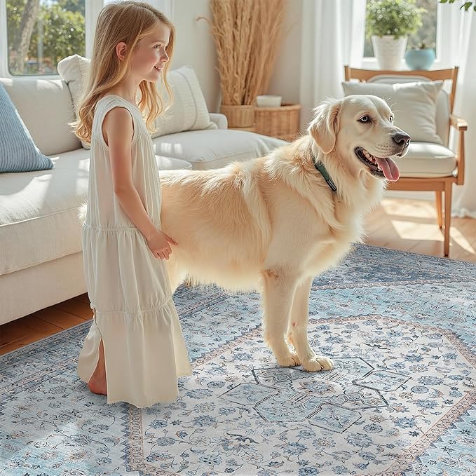 DCX Machine Washable Blue and Beige 2x6 Runner Rug, Non Slip Stain Resistant - Image 3
