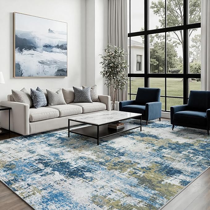 Area Rug 10x14 Living Room Rug Washable: No-Slip Abstract Soft Thin Large Blue - Image 3