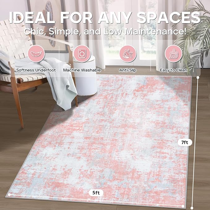 Pink Rug Carpet 5x7 Area Rugs for Bedroom Girls: Washable Modern Rug for Living - Image 2