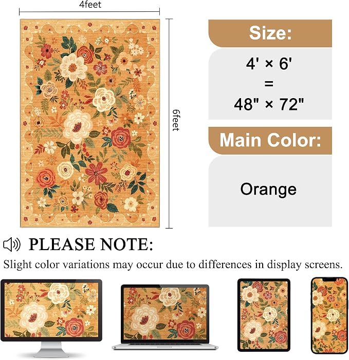 DUKINO 4x6 Area Rug, Lightweight Non Slip Washable Floral Rug, Indoor Low Pile - Image 2