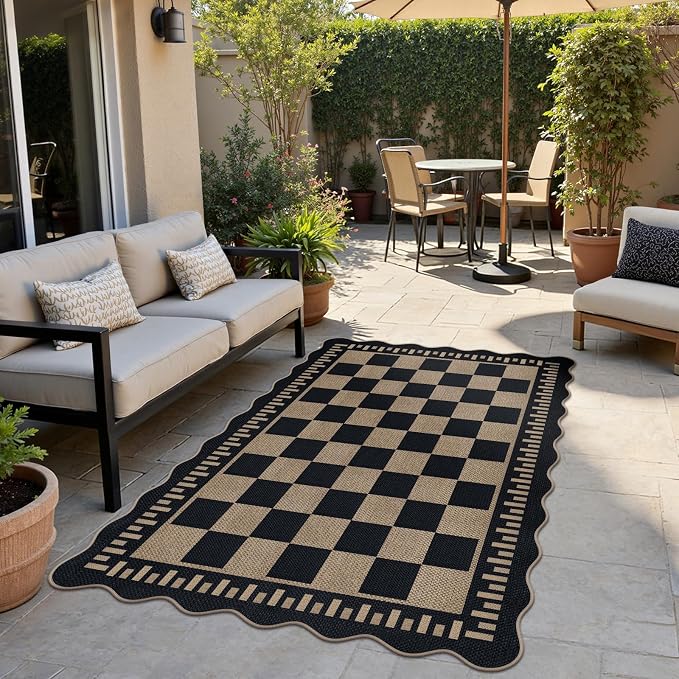 Checkered Easy Jute 4x6 Outdoor Patio Rug, Washable Indoor Outdoor Black - Image 3