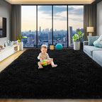 qulint 8x10 Rug for Living Room, Soft Fluffy Black Rug for Bedroom Shag Shaggy by QULINT