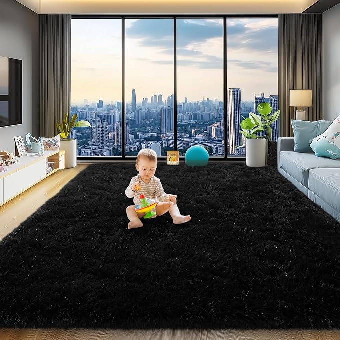 qulint 8x10 Rug for Living Room, Soft Fluffy Black Rug for Bedroom Shag Shaggy by QULINT