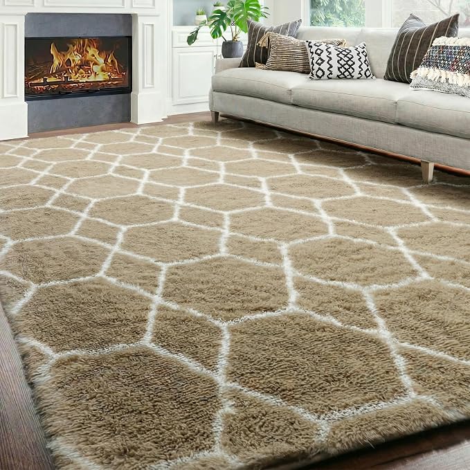 ONASAR Large Area Rugs for Living Room, Fluffy 7x10 Beige and White Thick Floor by ONASAR