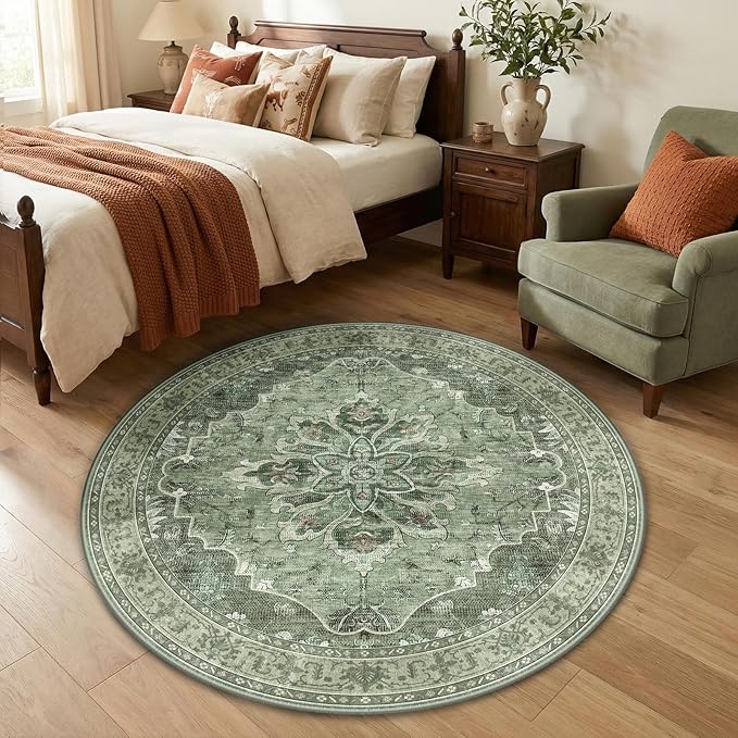 RELEANY Area Rugs Round 4ft Washable Non-Slip, Floral Vintage Distress by RELEANY