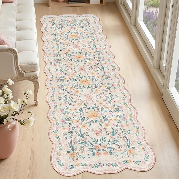 Hallway Runner Scalloped Floral Rug 2.6x8 Washable Non Slip Pink | Soft by Dadasgk