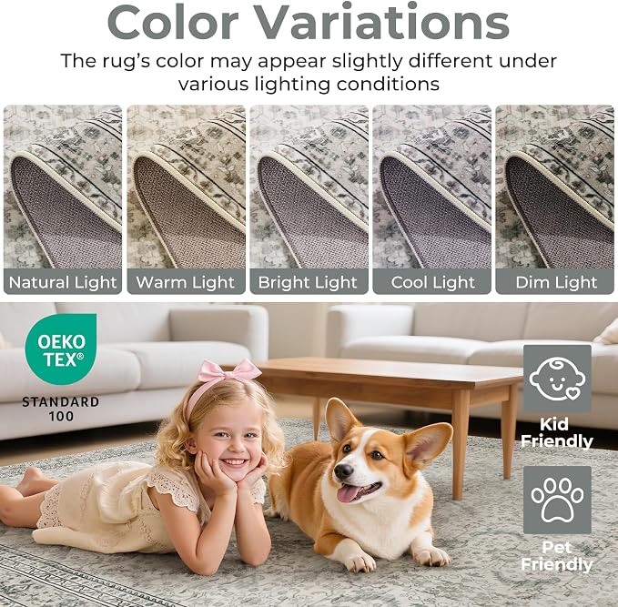 Washable Area Rugs 6x9 Floral Beige, Large Indoor Rug - Image 6