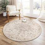 4x4 Washable Neutral Round Rug Beige Vintage Entryway Kitchen Cirlce Rug - Image 3