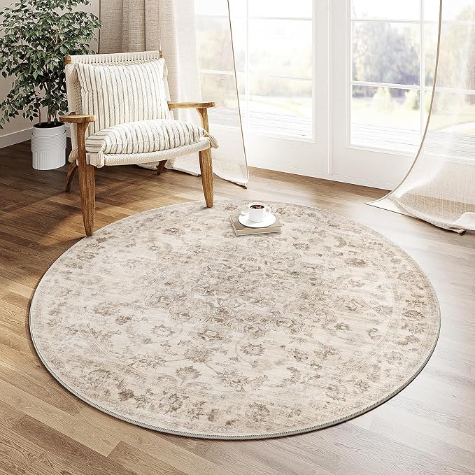 4x4 Washable Neutral Round Rug Beige Vintage Entryway Kitchen Cirlce Rug - Image 3