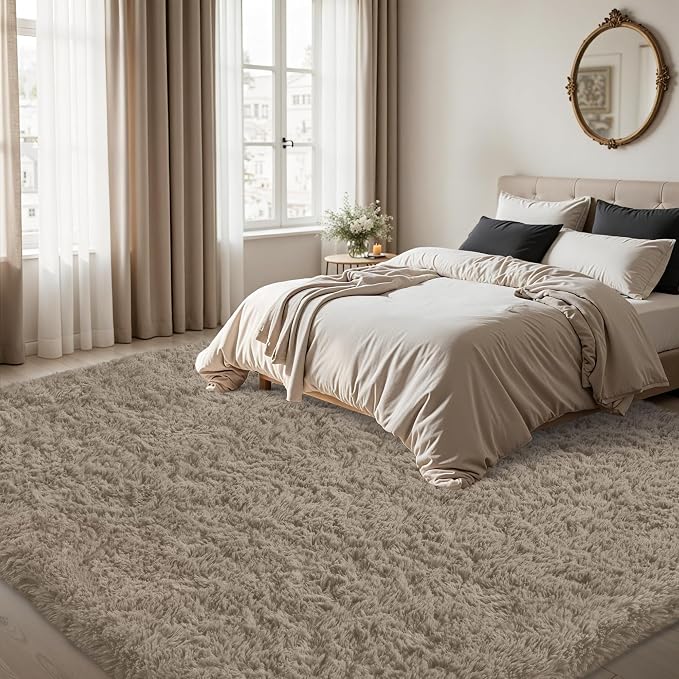 5x7 Area Rug for Living Room:Ultra Soft Fluffy Shag Grey Camel Rugs, Large - Image 4