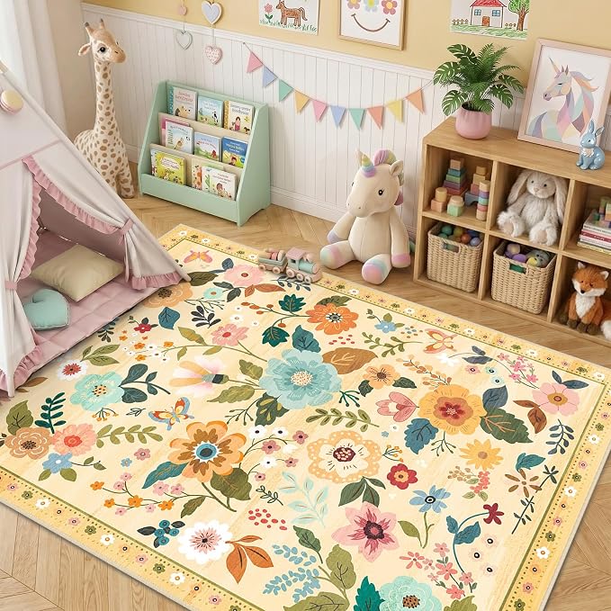 RELEANY Floral 5x7 Area Rugs Washable Print Boho Cute Carpet Non Slip Flower - Image 2