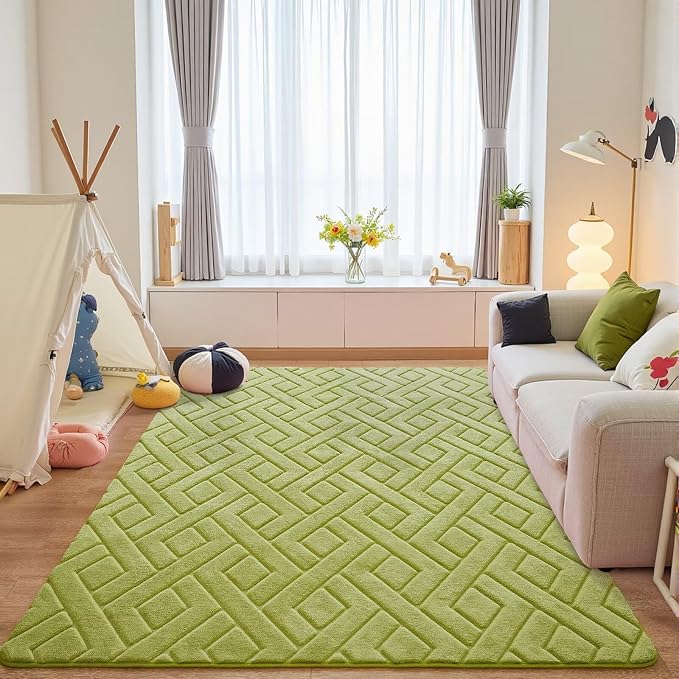 3x5 Green Washable Area Rug for Bedroom, Modern Geometric Shag Non-Slip Living - Image 7