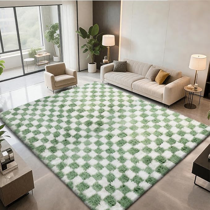 Large Area Rugs for Living Room Bedroom, 9x12 Green and White Fluffy Soft - Image 2
