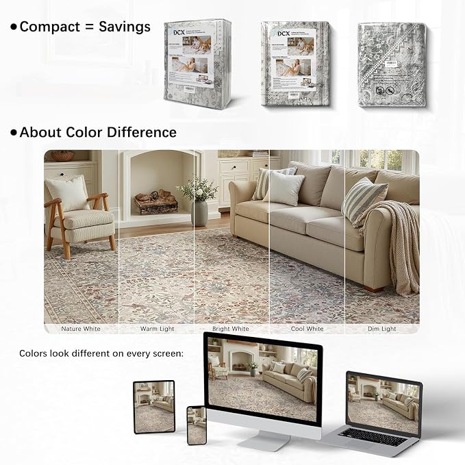 DCX Beige 8x10 Area Rugs, Machine Washable Non Slip Stain Resistant Soft - Image 6