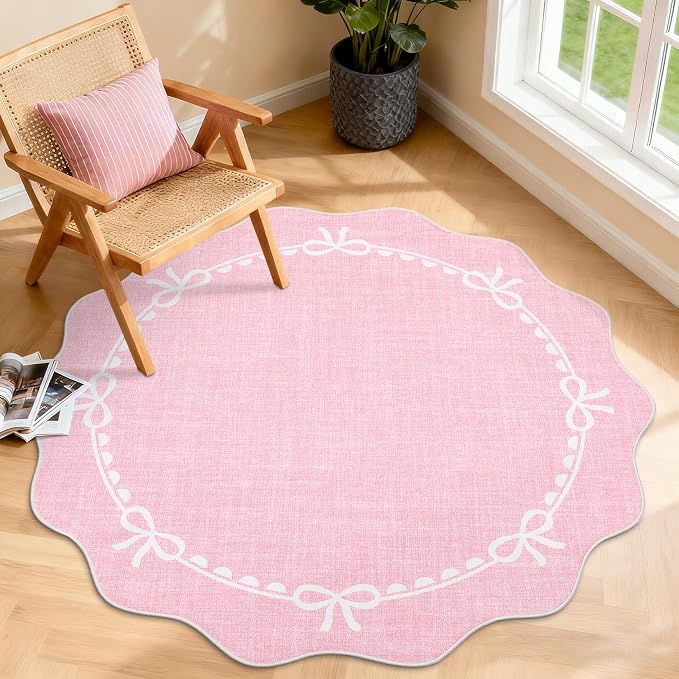GarveeHome Scalloped Bow Rug for Living Room, 4ft Round Rugs Washable Solid by GarveeHome