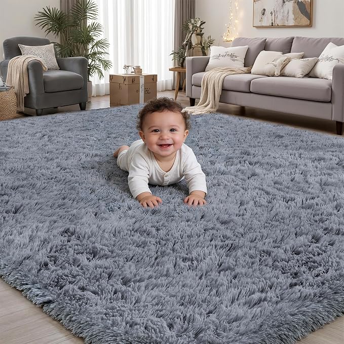 Area Rug for Living Room Bedroom: 6x9 Grey Soft Fluffy Shag Upgrade Non-Slip by PLHXFRSoftAreaRugs