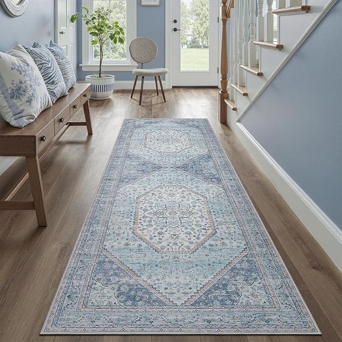 DCX Machine Washable Blue and Beige 2x6 Runner Rug, Non Slip Stain Resistant by DCXWashableRug