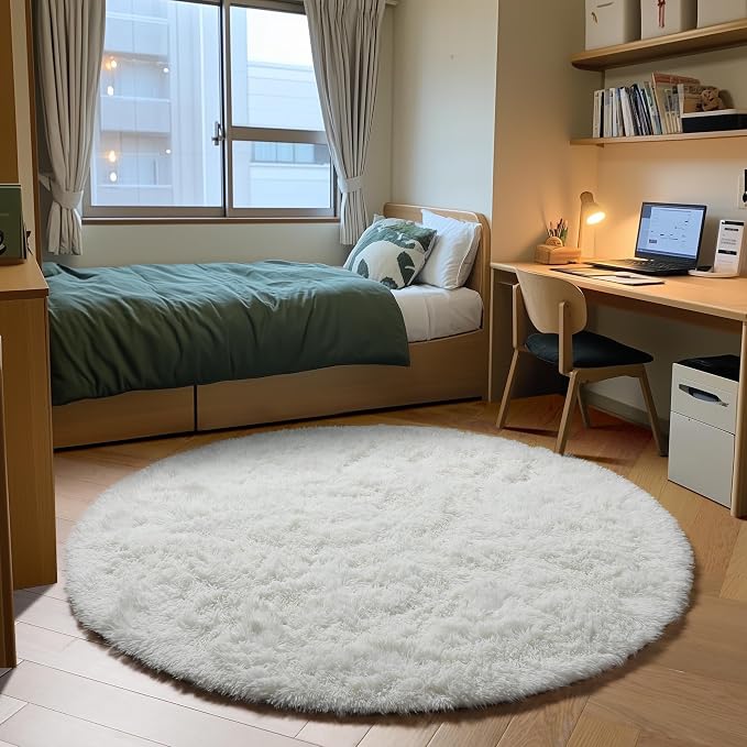 ONASAR Cream White Round Area Rug 4ft, Fluffy Ultra Soft Bedroom Circle Rugs - Image 4