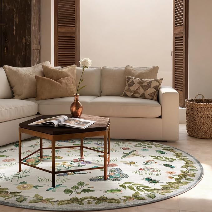 Washable Round Rugs for Bedroom 4ft: Living Room Rug Stain Resistant Non Slip - Image 3