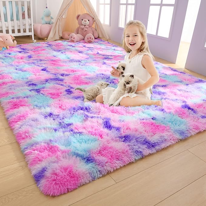 AROGAN Soft Rainbow Area Rugs for Girls Room 6x9 Feet, Fluffy Girls Bedroom Rugs by AROGANAREARUG