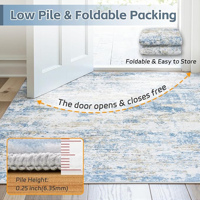 Area Rug 10x14 Living Room Rug Washable: No-Slip Abstract Soft Thin Large Blue - Image 7