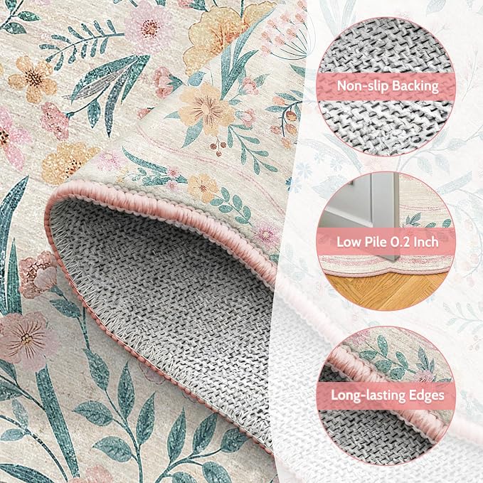 Hallway Runner Scalloped Floral Rug 2.6x8 Washable Non Slip Pink | Soft - Image 5
