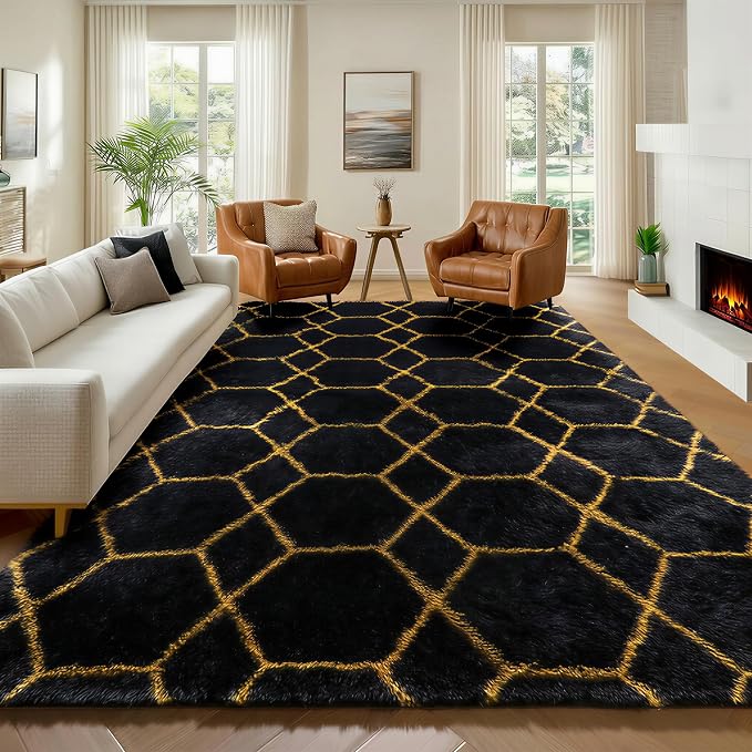 ONASAR 6x9 Area Rugs for Living Room Bedroom, Large Fluffy Black and Gold Throw by ONASAR