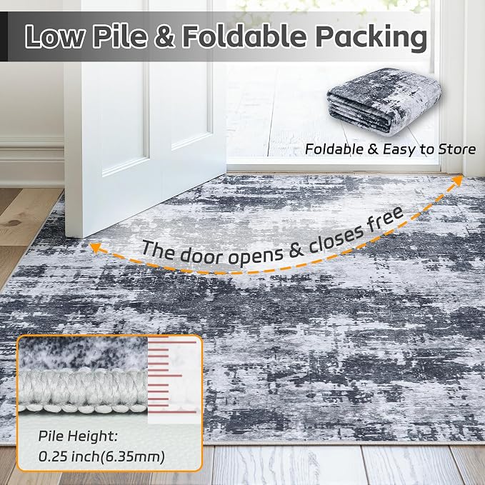 4x6 Area Rugs for Living Room Washable: Abstract Soft Thin Low Pile Black Rug - Image 6