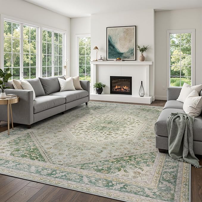DCX Green 5x7 Area Rug, Machine Washable Non Slip Stain Resistant Vintage Rug by DCXWashableRug