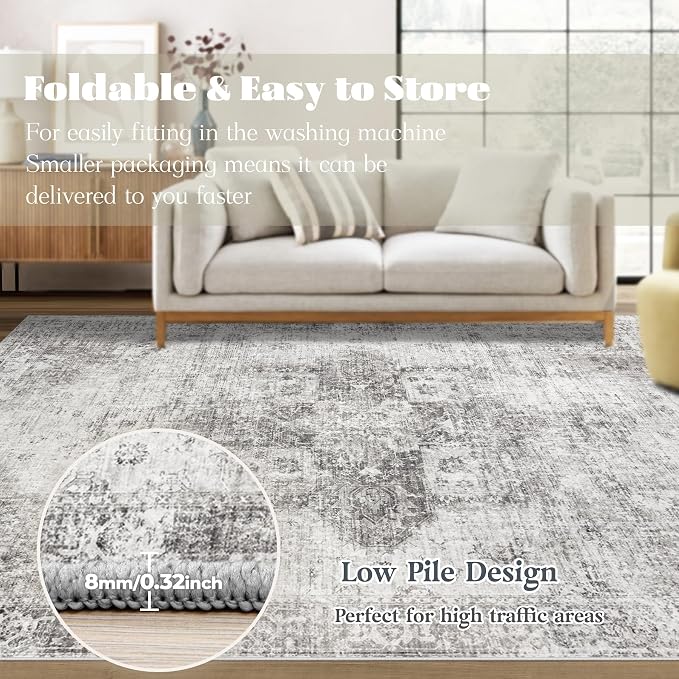 Area Rug 10x14 Washable Rug, Vintage Boho Medallion Rugs Non-Slip Soft Low Pile - Image 7
