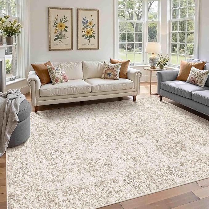 Rugxara 5X7 Washable Area Rug for Living Room, Vintage Neutral Large Boho Rugs by Rugxara