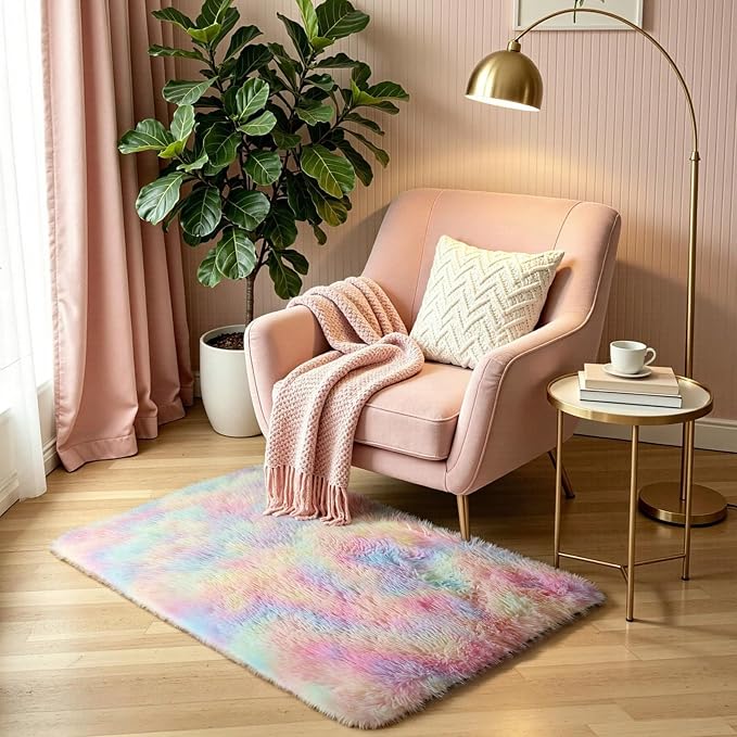 Fluffy Fuzzy Unicorn Rugs for Girls Bedroom, 2x3 Washable Non Slip Shag Shaggy - Image 2