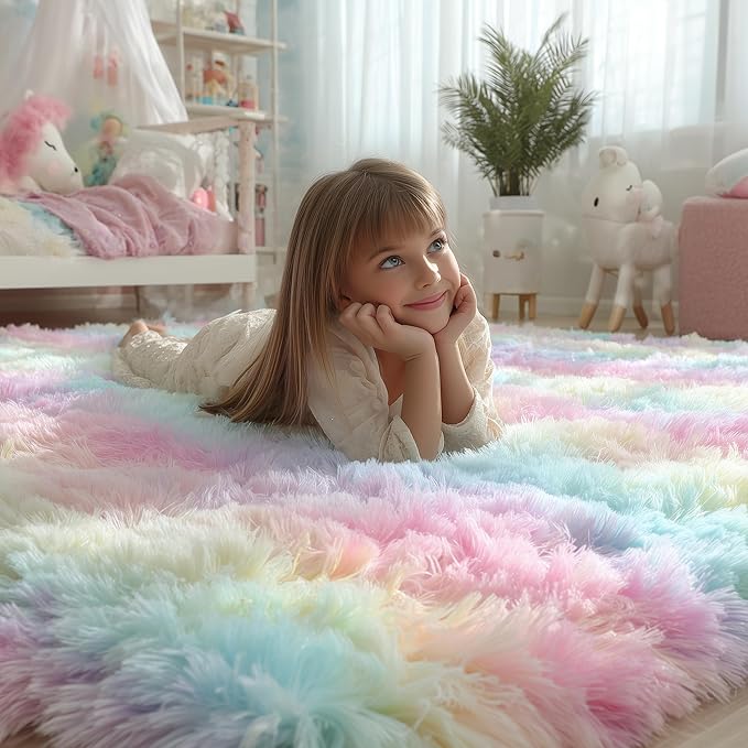 PAGISOFE 3x5 Fluffy Vibrant Rainbow Rug, Bedside Preppy Dorm Area Rug - Image 2
