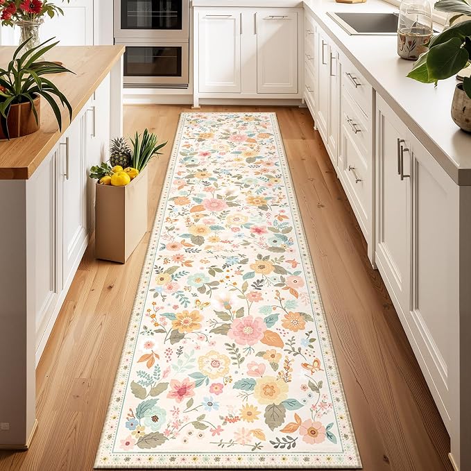 RELEANY Floral 2x8 Area Rugs Washable Print Boho Cute Carpet Non Slip Flower by RELEANY
