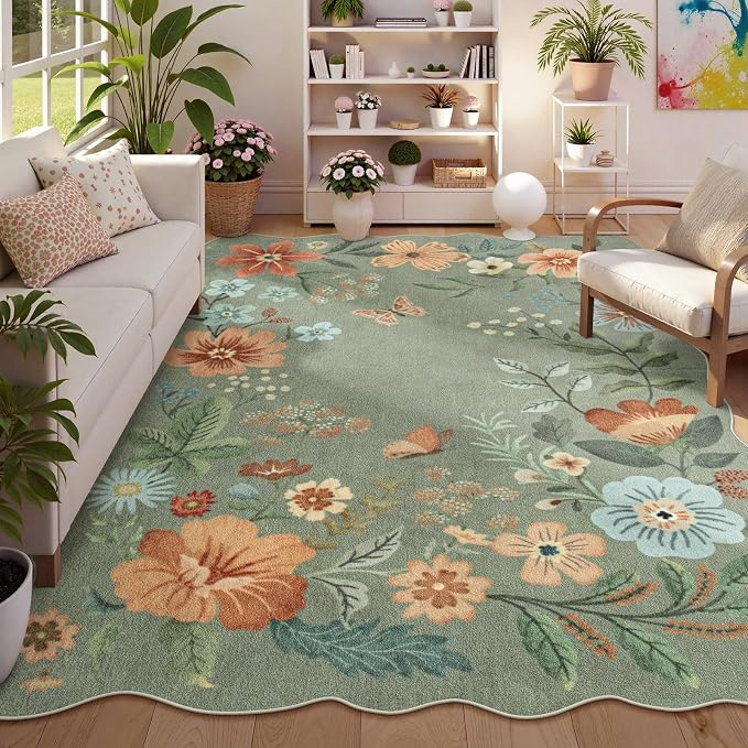 Lahome Floral Washable Rugs 8x10, Non-Slip Soft Green Rug Stain Resistant by Lahome